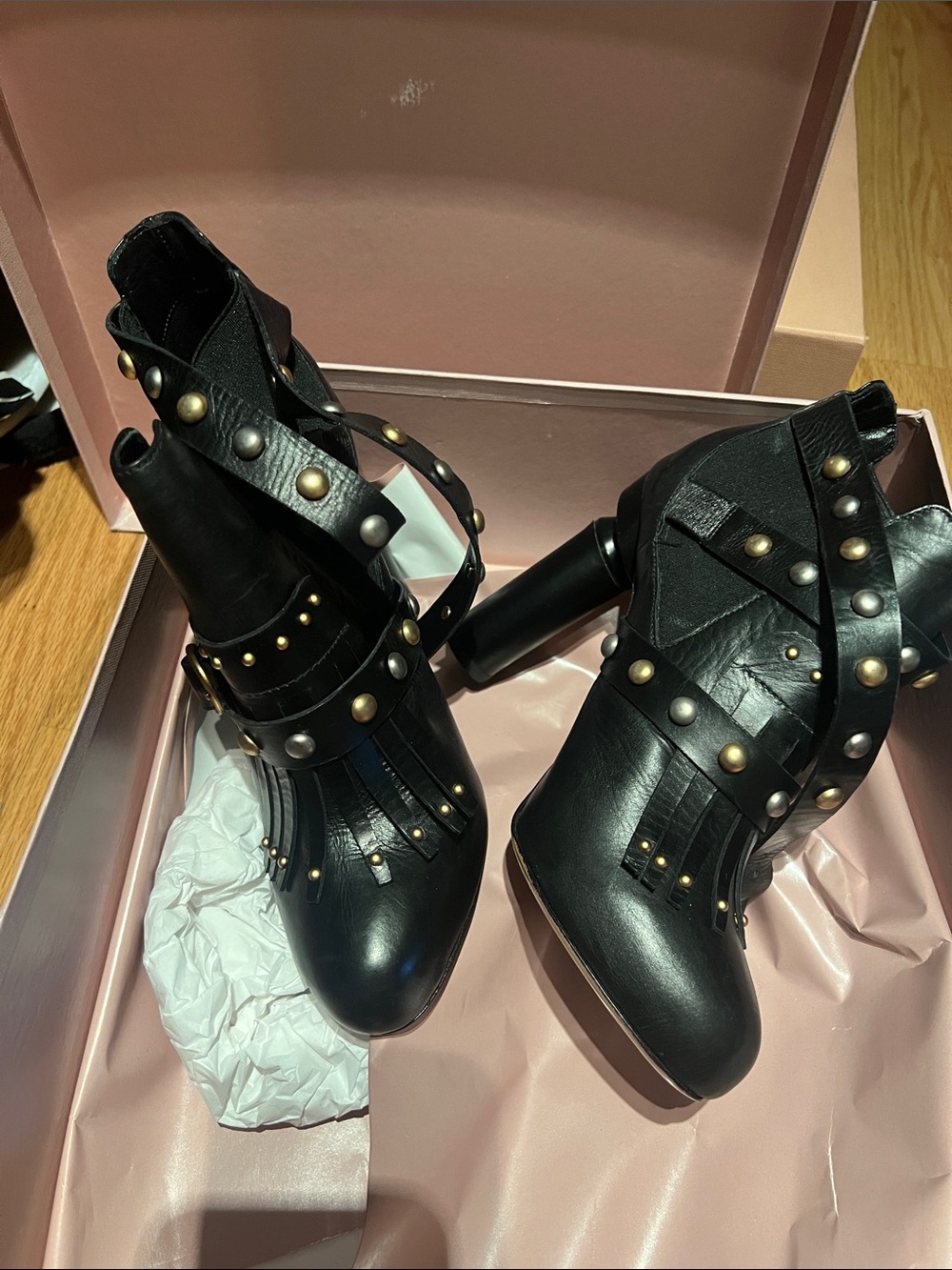 Black Studded Leather Heeled Ankle Boots
